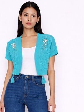 Simon Chang Turquoise Open-Knit Cardigan Fit medium
